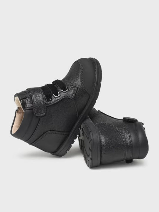 Biker Lederne Kinderstiefeletten mit Klettverschluss Schwarz