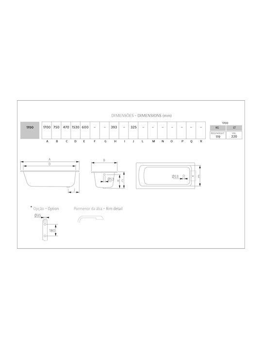 Recor Classic Μπανιέρα Μαντεμένια 170x75cm