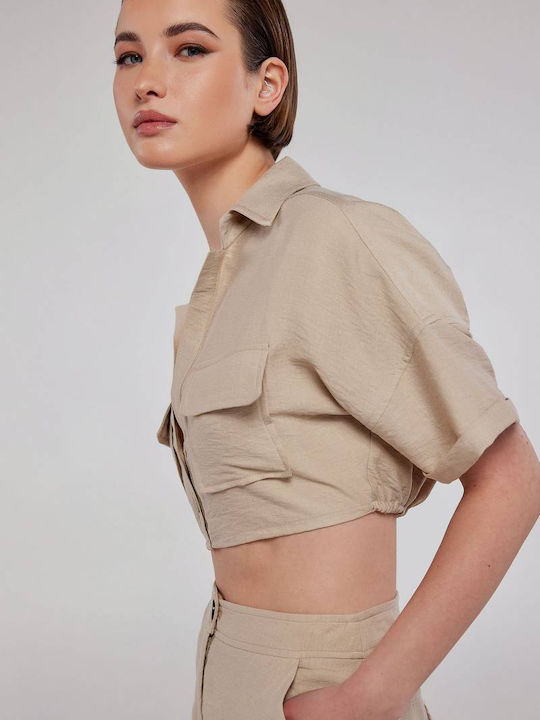 Sunny Women's Linen Monochrome Short Sleeve Shirt Beige