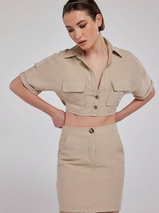 Sunny Women's Linen Monochrome Short Sleeve Shirt Beige