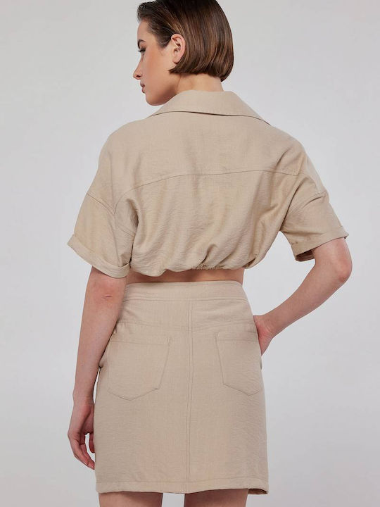 Sunny Women's Linen Monochrome Short Sleeve Shirt Beige
