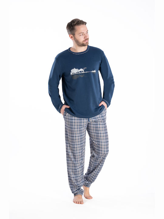 Relax Anatomic Men's Winter Cotton Checked Pajama Pants Blue