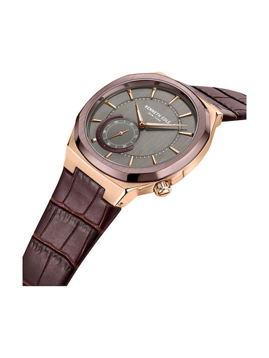 Kenneth Cole Gents Ανδρικό Ρολόι 43.5mm Μπαταρίας με Καφέ Δερμάτινο Λουράκι