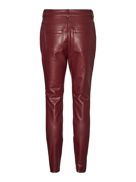 Noisy May Women's High-waisted Leather Trousers in Skinny Fit Burgundy