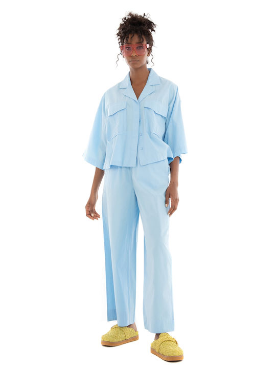 Selected Kiki Women's High-waisted Cotton Trousers with Elastic in Wide Line Light Blue