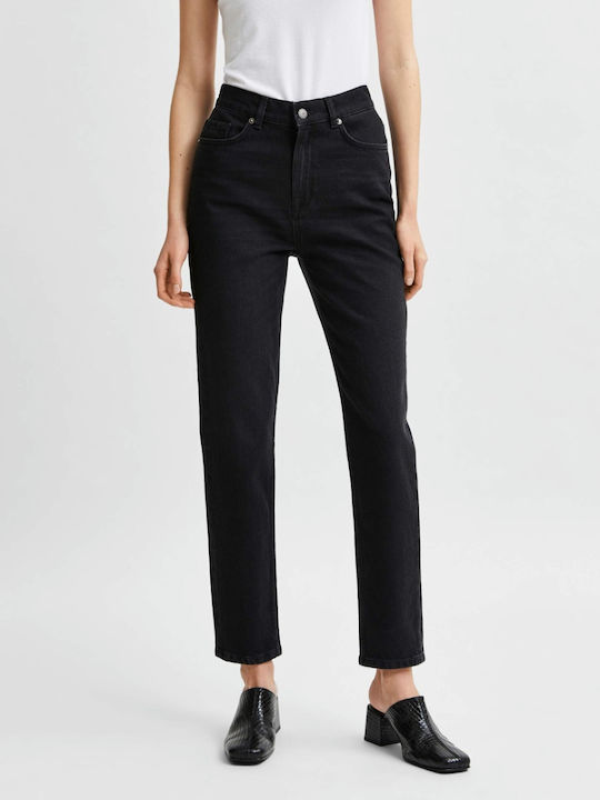 Selected High Waist Women's Jean Trousers in Slim Fit Black