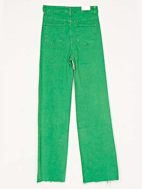 High Waist Women's Jean Trousers with Rips in Loose Fit Green