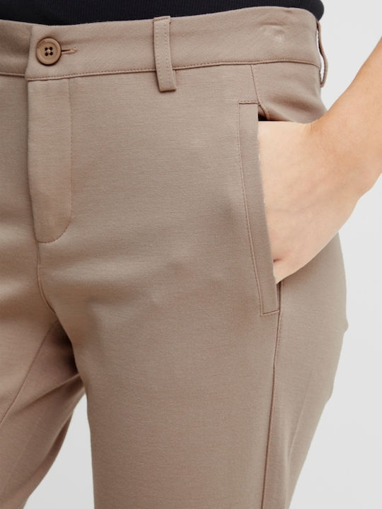 Mid Waist Γυναικείο Υφασμάτινο Παντελόνι σε Slim Εφαρμογή Μπεζ