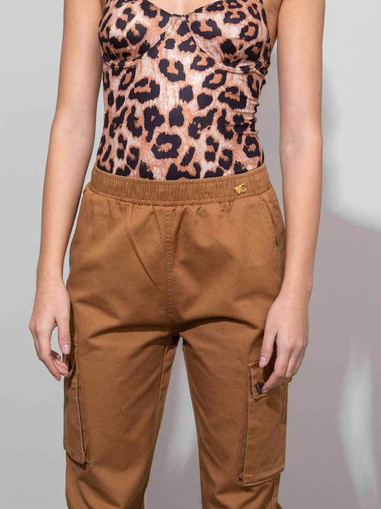 Damen Stoff Cargo Hose mit Gummizug Braun