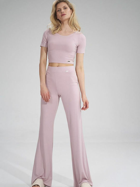 Figl M749 Women's High-waisted Fabric Trousers with Elastic in Wide Line Pink