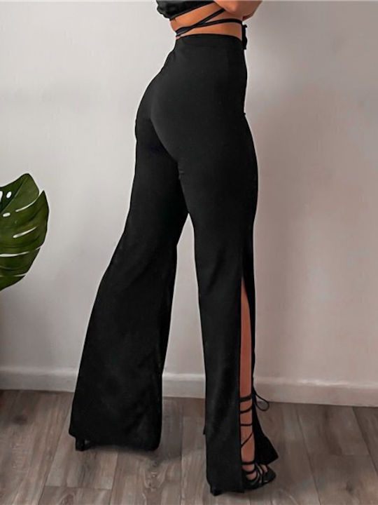 Women's High-waisted Fabric Trousers with Elastic Flare Black