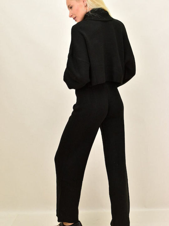 Women's Black Set with High-waisted Pants with Elastic in Straight Line