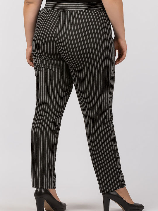 Jucita Women's High-waisted Fabric Trousers with Elastic in Straight Line Striped Black