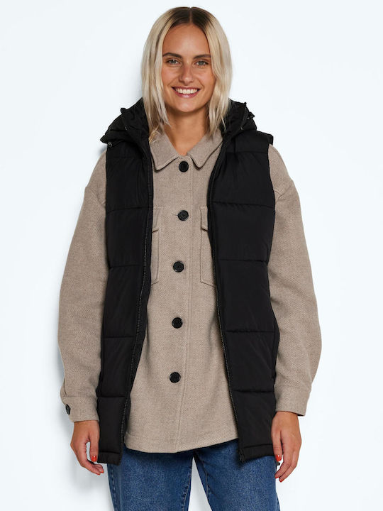 Women's Short Puffer Jacket for Spring or Autumn with Hood Black