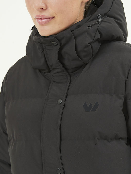 Lang Damen Puffer Jacke Winddicht für Winter Schwarz
