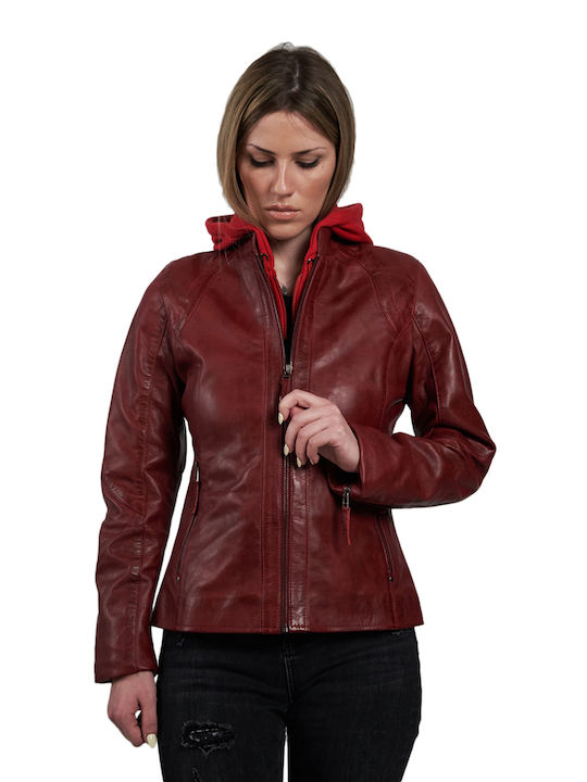 Leatherland Sophia Women's Short Biker Leather Jacket for Winter with Detachable Hood Burgundy