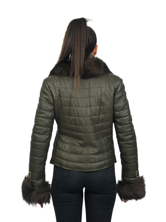 Leatherland Women's Short Puffer Leather Jacket for Winter Green