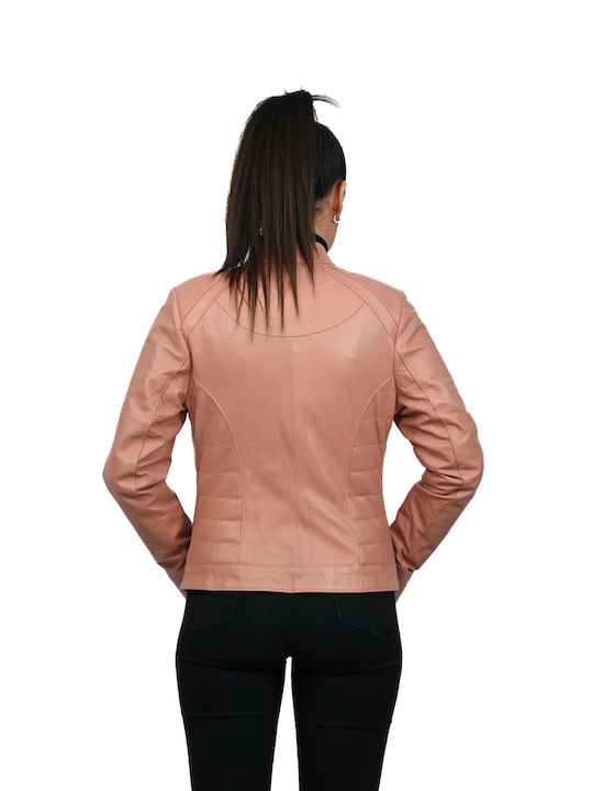 Leatherland Women's Short Puffer Leather Jacket for Winter Pink