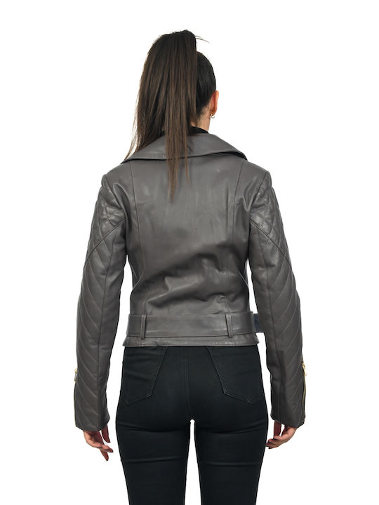 Leatherland Women's Short Puffer Leather Jacket for Winter Gray