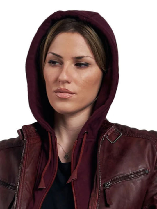 Leatherland Women's Short Lifestyle Leather Jacket for Winter with Hood Burgundy