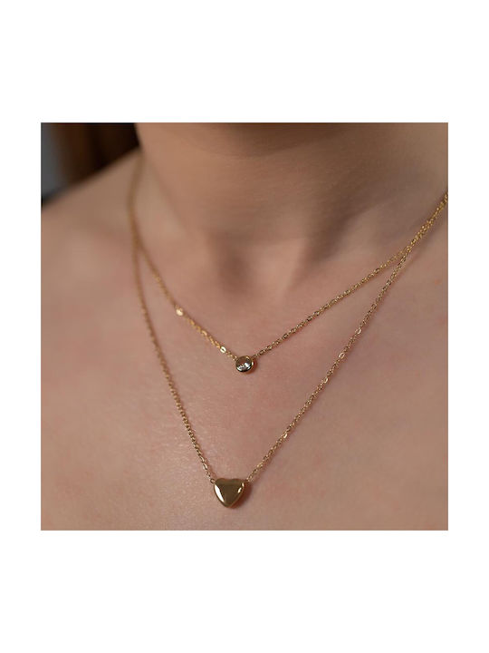 Necklace Double with design Heart from Gold Plated Steel with Zircon