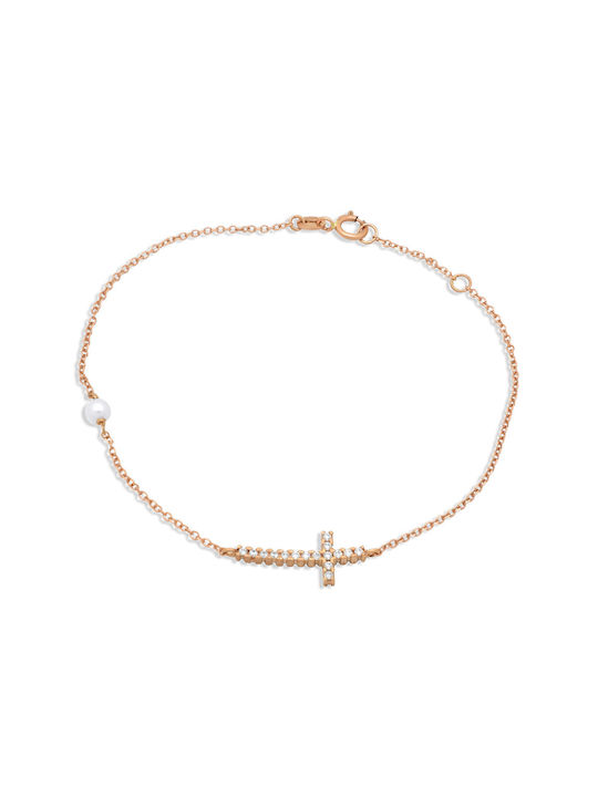 Bracelet Chain with Cross design made of Gold 14K with Pearls