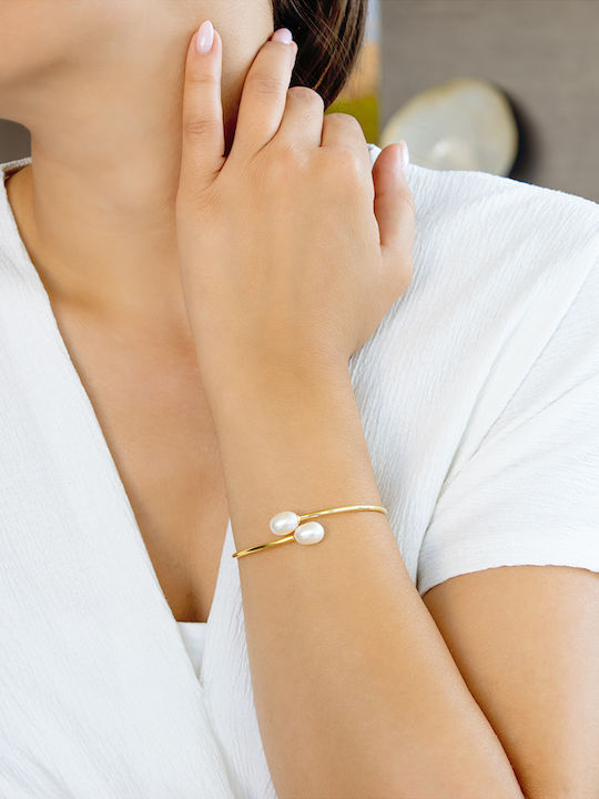 Margaritari Women's Handcuff Bracelet Gold Plated Silver with Pearls 15cm