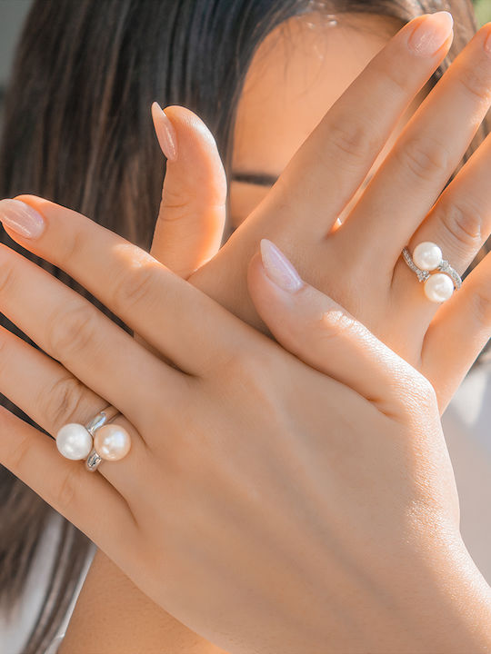 Margaritari Ring with Pearls & Diamond made of White gold 18K