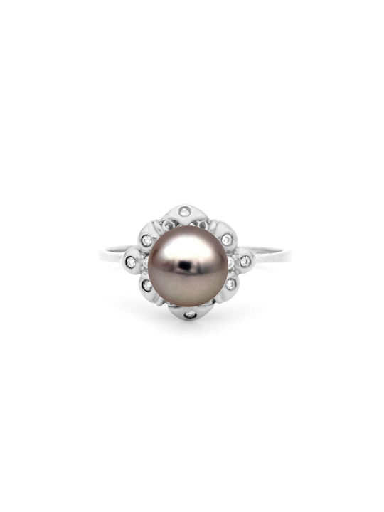 Women's White Gold Ring with Pearl & Diamond 18K