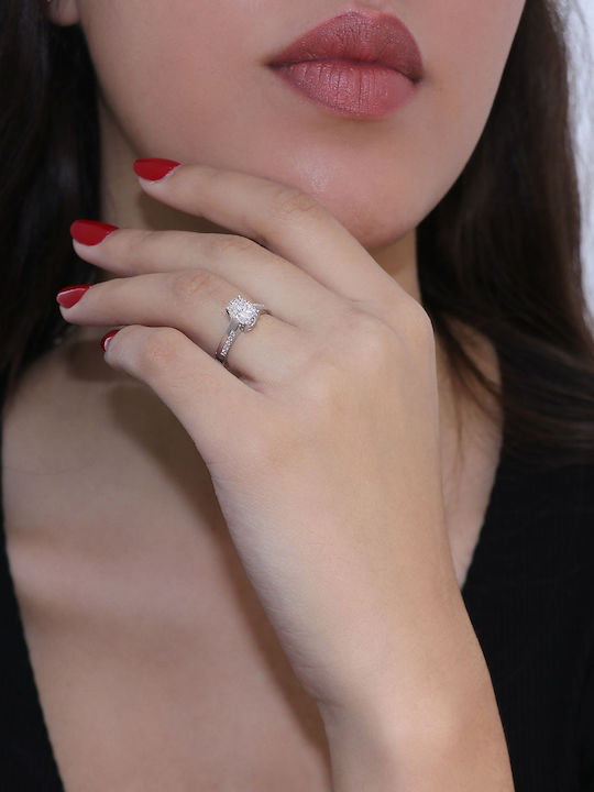 Women's Ring with Diamond & Moissanite in 18K White Gold