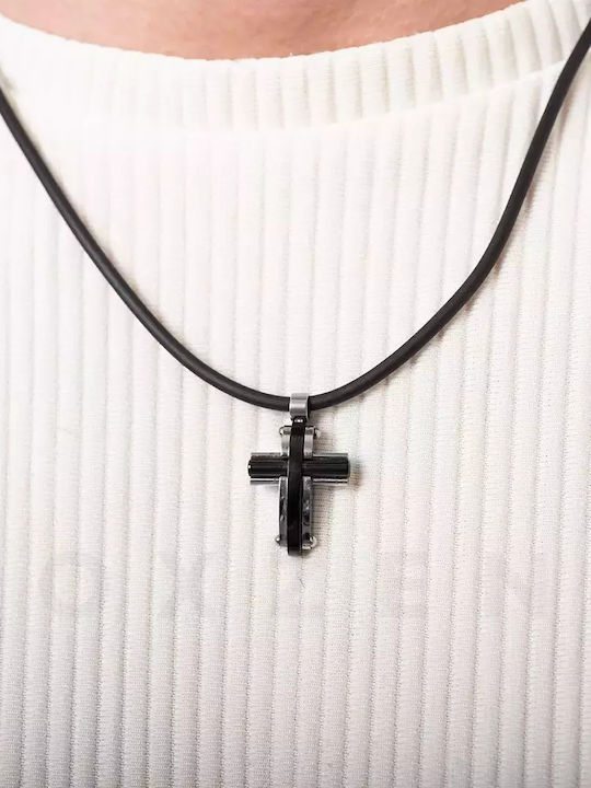 Black Men's Cross from Steel with Cord