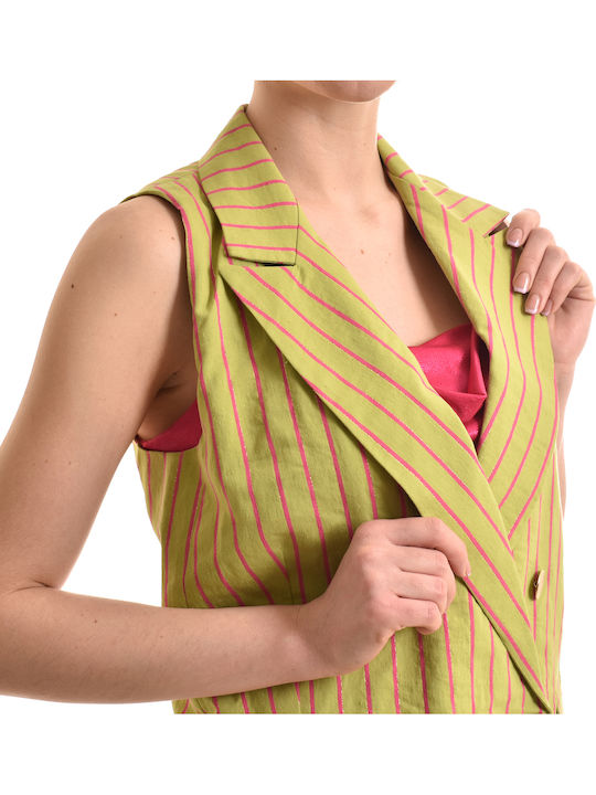 Double Breasted Sleeveless Striped Gilet-green/fuchsia Κίτρινο Γυναικείο Γιλέκο