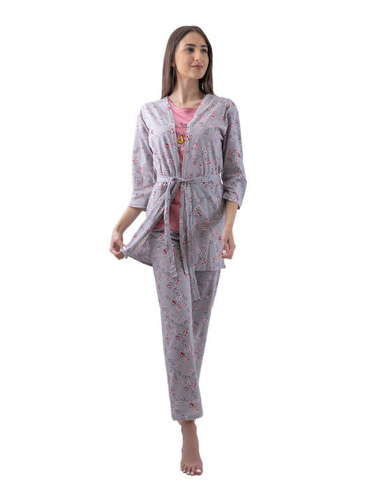 FMS Winter Damen Baumwolle Robe mit Pyjama Gray