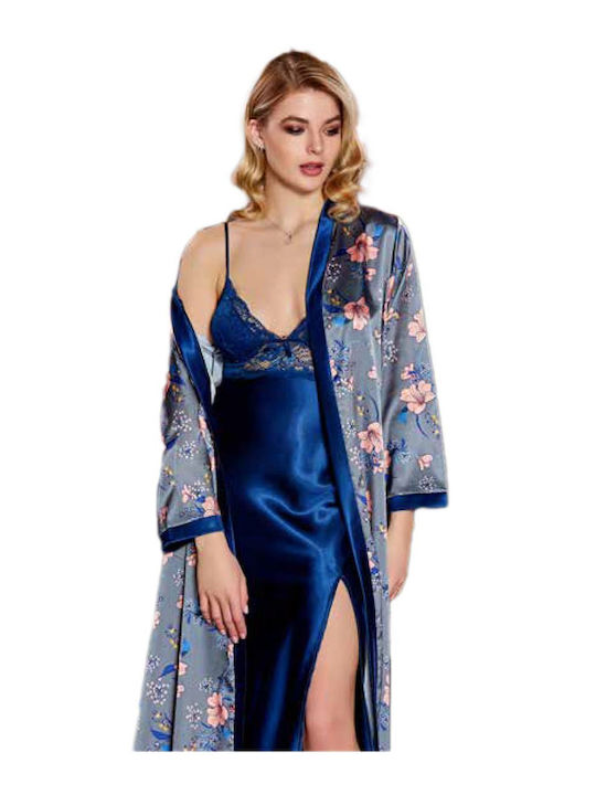 FMS Winter Women's Satin Robe with Nightdress Blue