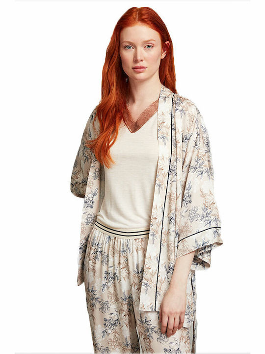 Penye Mood Winter Women's Robe with Pyjama Beige Floral