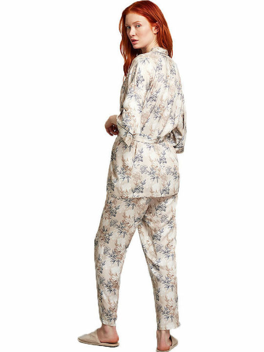 Penye Mood Winter Women's Robe with Pyjama Beige Floral