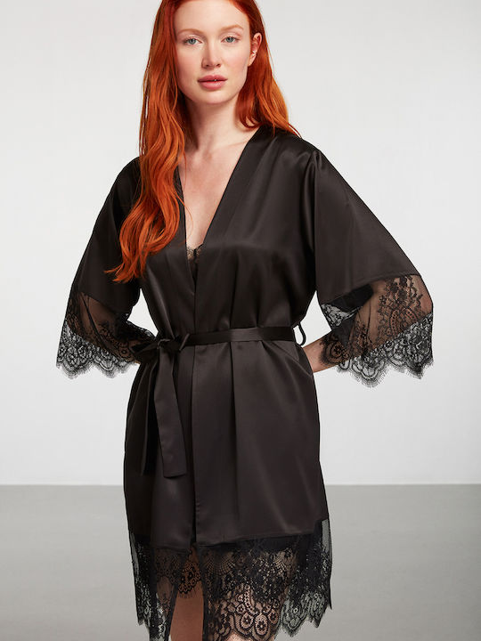 Penye Mood Summer Women's Satin Robe with Nightdress Black
