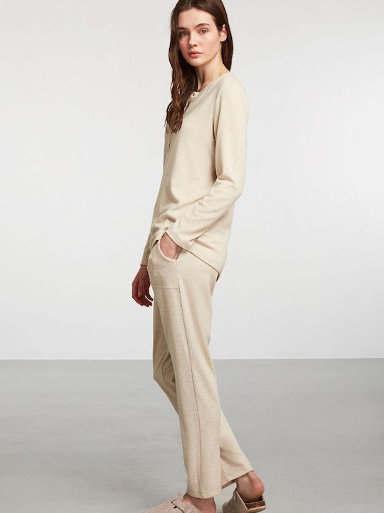Penye Mood Winter Damen Pyjama-Set Beige