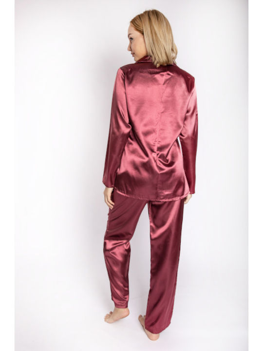 Tres Chic Winter Damen Pyjama-Set Satin Burgundisch