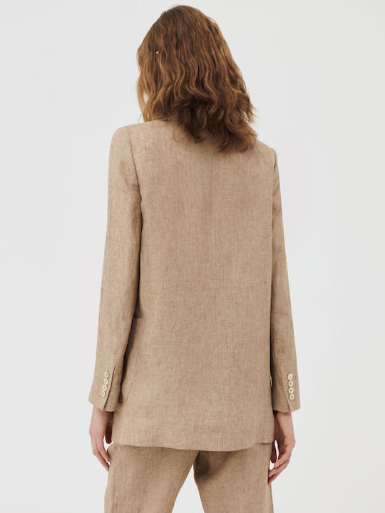 Marella Meteora Linen Blazer Μακρύ Γυναικείο Σταυρωτό Σακάκι Μπεζ