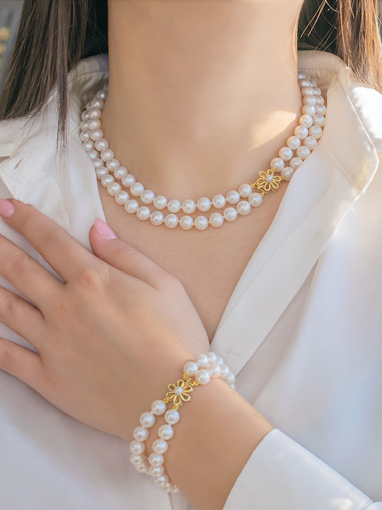 Gold Set Necklace & Bracelet with Pearls 14K