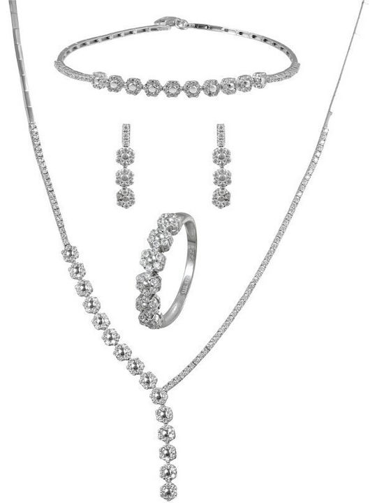 White Gold Set Necklace , Bracelet & Ring with Stones 14K