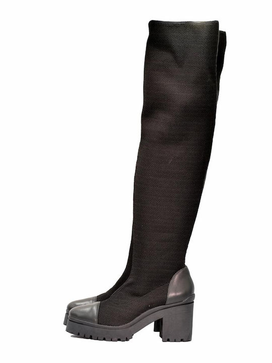 Leder Damenstiefel mit mittlerem Absatz Schwarz