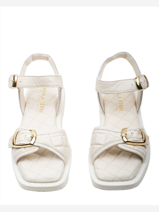 Leather Women's Flat Sandals with Strap in White Color