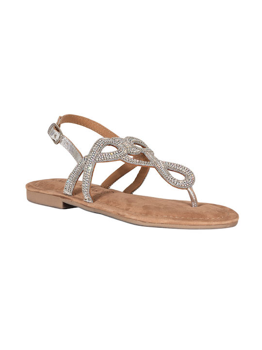 Lazamani Leather Women's Flat Sandals in Silver Color