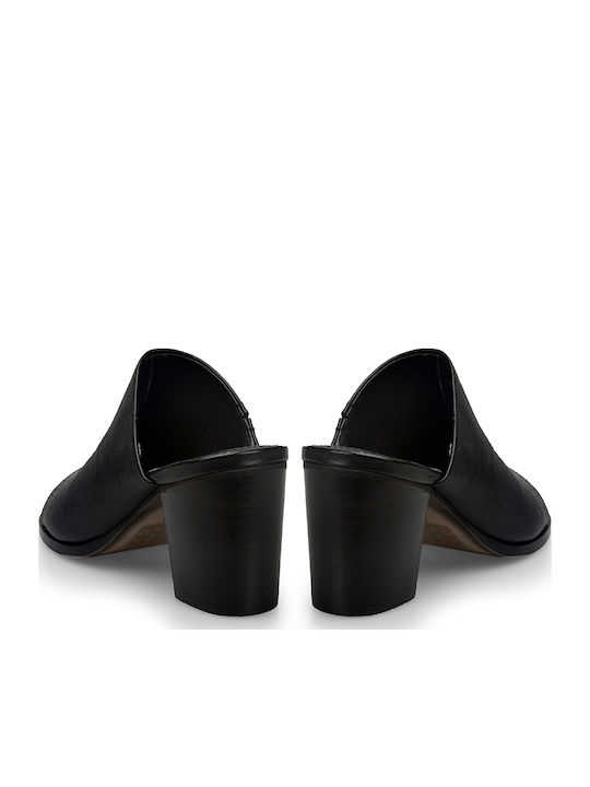 Leather Mules with Chunky High Heel in Black Color