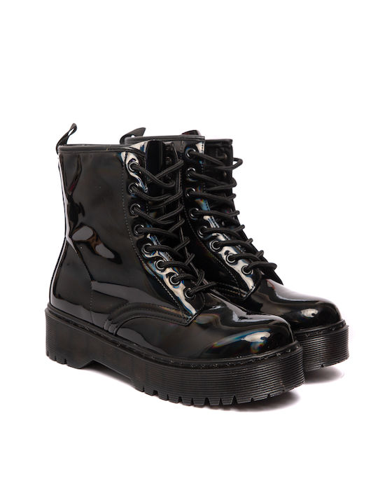 Malesa Women's Patent Leather Combat Boots Black