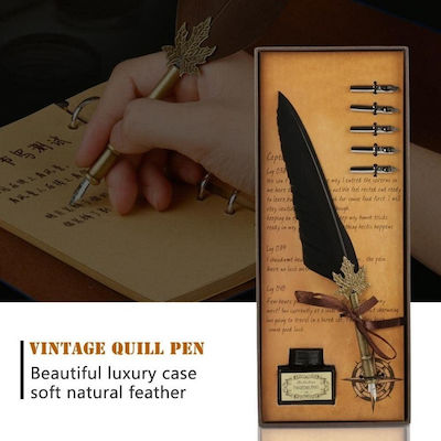 Set Calligraphy Pen with Feather Black made of Brass with Black Ink