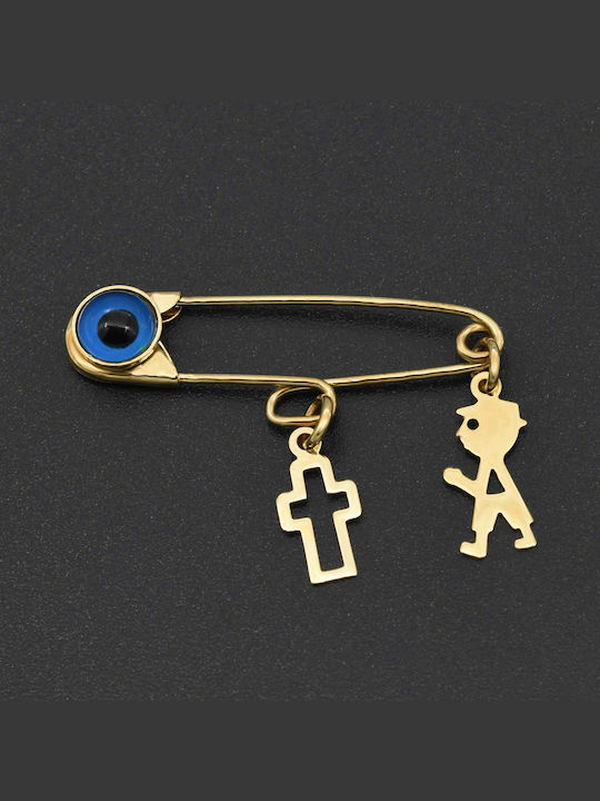 Child Safety Pin made of Gold 9K with Cross for Boy