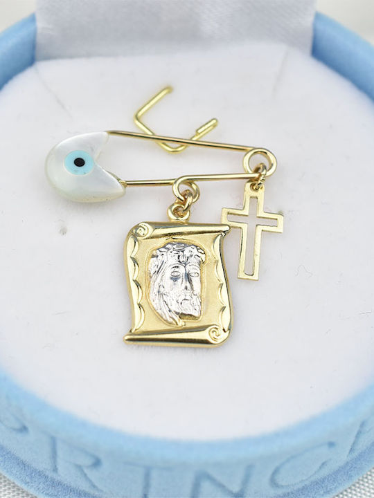 Goldjewels Child Safety Pin made of Gold and White Gold 14K with Cross